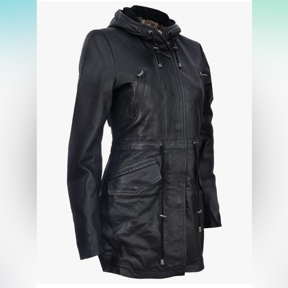 Elegant Black Leather Hooded Jacket